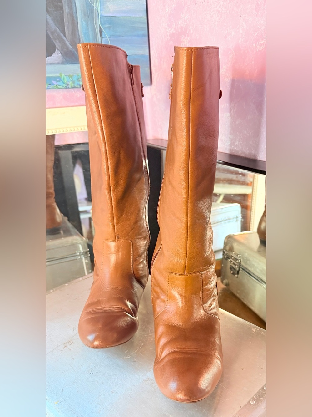 Aldo SZ 9 Cognac Leather Wide-Calf Riding Boots